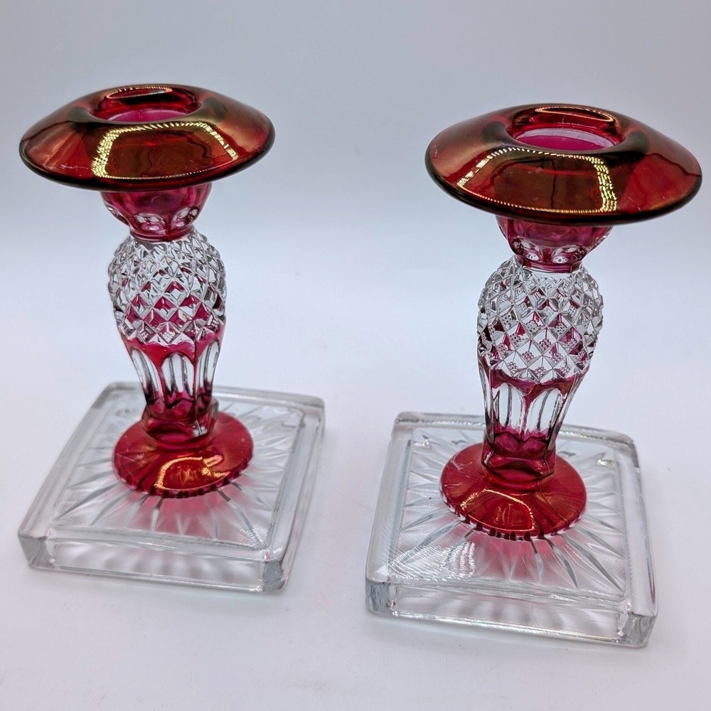Vtg Westmoreland Glass Candlesticks Cranberry Ruby Red Flash Clear Cut Pair 5.5"